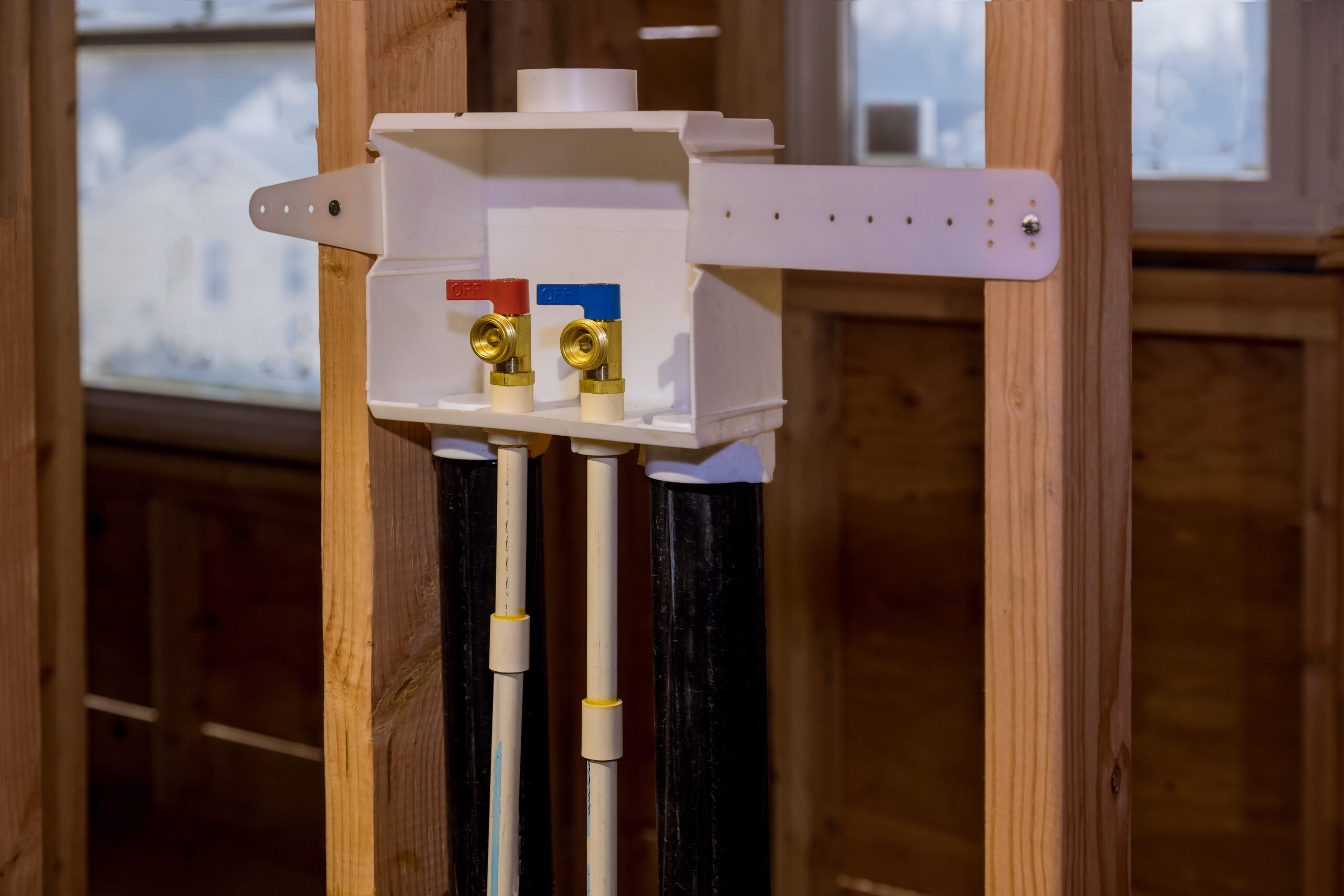 Water system at home on installation of a laundry outlet boxes in a new house for connection of water in the washing machine